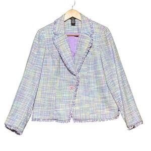 NY Collection Tweed Blazer Jacket Pastel Plaid Fringe Women's S Career Bohemian